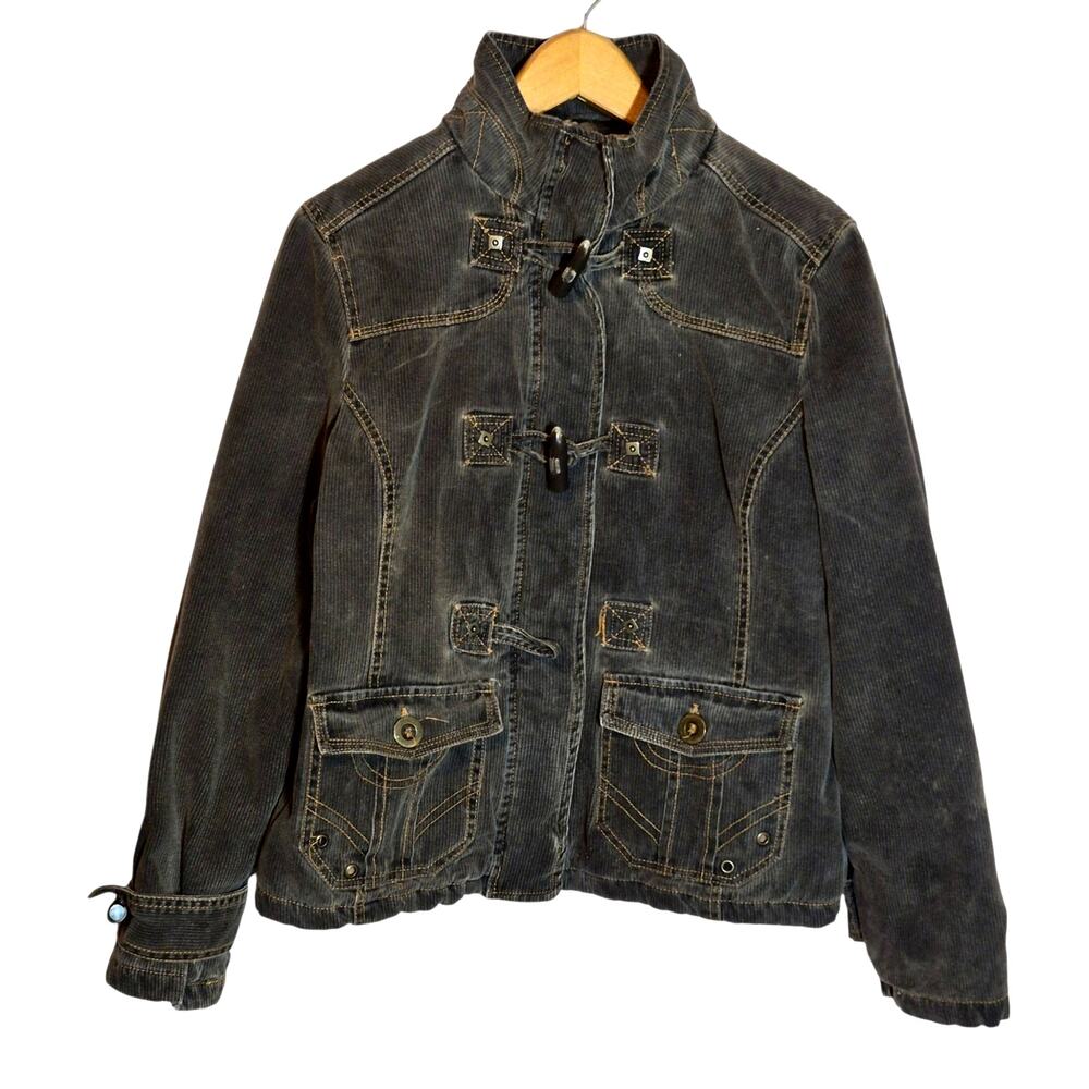 Vintage Y2K Distressed Cotton Corduroy Women's Toggle Utility Jacket Brown XL